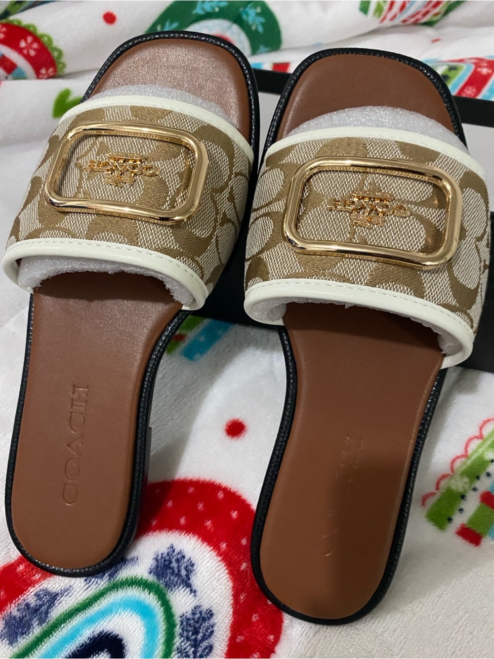 Coach Beige Logo Canvas Slide Sandals with Gold Buckle